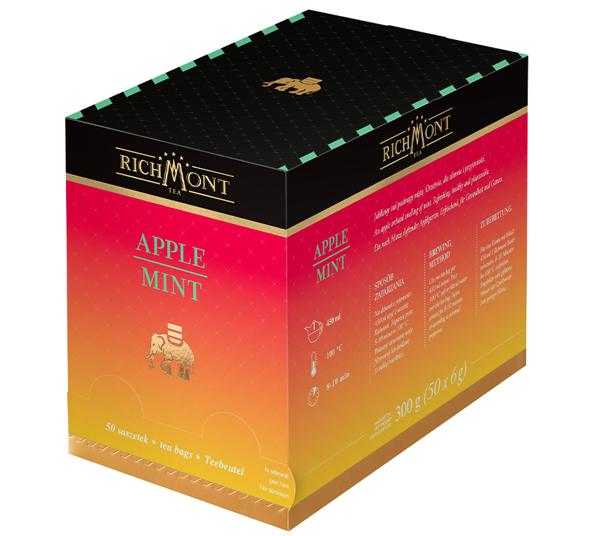 Herbata Richmont Apple Mint to wyjątkowa mieszanka ziołowo-owocowa, która zapewnia bogaty, orzeźwiający smak oraz aromatyczne doznania. Jest to napar stworzony z najwyższej jakości składników, które wzajemnie się uzupełniają, tworząc unikalną kompozycję. Głównym składnikiem jest jabłko, stanowiące aż 47% zawartości herbaty. Jabłka nadają naparowi naturalną słodycz i świeżość, a także wzbogacają go o cenne wartości odżywcze i antyoksydanty.

Ważną rolę w tej mieszance odgrywają także liście mięty pieprzowej, które stanowią 32% składu. Mięta pieprzowa jest znana ze swojego orzeźwiającego smaku oraz właściwości wspomagających trawienie. Jej świeży aromat sprawia, że każda filiżanka herbaty działa uspokajająco i odświeżająco, co czyni ją idealnym wyborem na chwilę relaksu.

Dodatkowym składnikiem tej kompozycji jest hibiskus, który wzbogaca napar o subtelny, kwaskowaty smak. Hibiskus jest również źródłem witaminy C, wspierając układ odpornościowy. W składzie herbaty znajduje się również naturalny aromat jabłkowy, który podkreśla owocowy charakter naparu, oraz pieczony korzeń cykorii. Cykoria dodaje herbacie lekko orzechowej głębi smaku i korzystnie wpływa na trawienie.

Herbata Apple Mint, pakowana w wygodne saszetki, to doskonały wybór zarówno na ciepło, jak i na zimno. Jej owocowo-ziołowy charakter sprawia, że doskonale nadaje się na każdą porę dnia. Idealna dla osób poszukujących naturalnej, pełnej smaku herbaty, która działa orzeźwiająco i relaksująco.